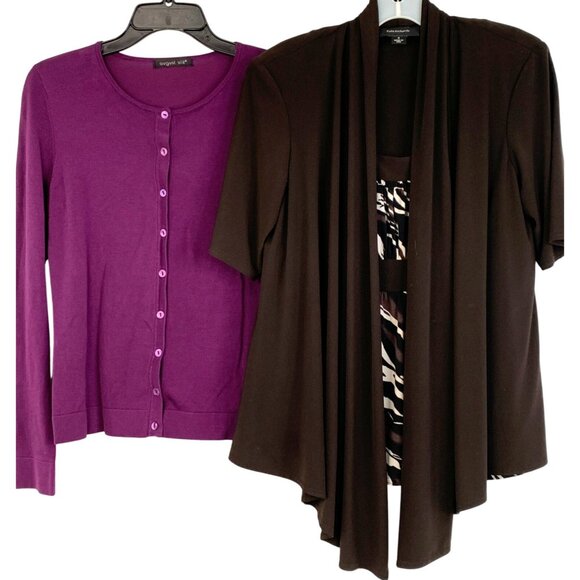 Lot of 2 Tops R&M Richards Brown Drape Front Zebra & August Silk Cardi M 8837 - Picture 2 of 14